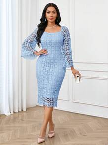 SHEIN Lady 四季秋装化妆舞会礼服优雅女士连衣裙秋季紫色连衣裙蕾丝镂空面料婚纱紫色返校节礼服演唱会女士蕾丝长袖装优雅修身喇叭长袖连衣裙秋季女装 - 淺藍色 - 查看 3