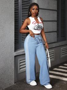 Slaydiva Women Casual Simple Front Tie Waist Denim Jeans - Light Wash - View 5