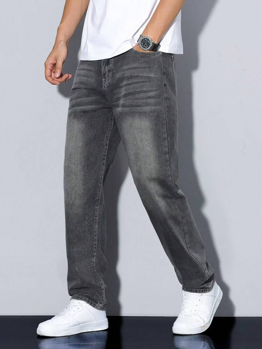 Manfinity Homme Quần Jeans Ống Thẳng Túi Đơn Màu Cho Nam - Xám - Xem 1