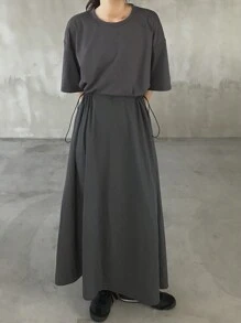 女士宽松腰部拼接长款休闲连衣裙，灰色，夏季吊带连衣裙 - 灰色 - 查看 4