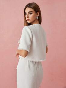 Enchnt 春冬浪漫女士时尚白色金属纽扣装饰短袖流苏粗花呢夹克，甜美优雅，适合情人节、节日、甜蜜约会和日常通勤 - 白色 - 查看 8