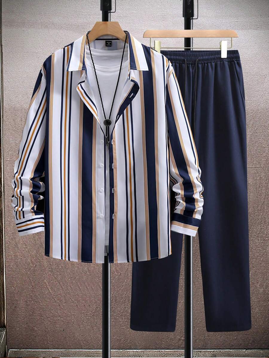 Manfinity Homme Men Asymmetrical Design Long Sleeve Shirt & Pants Set - Multicolor - View 1