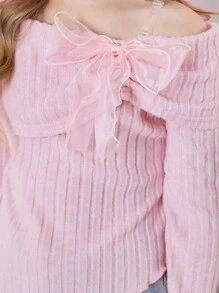 SHEIN Girlism 少女罗纹露肩褶饰蝴蝶结装饰不对称下摆长袖修身甜美 T 恤，粉色，适合派对、返校、优雅法式、公主、婚礼、生日