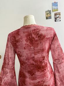 Soleia Vestido holgado estilo retro de manga larga con cuello cuadrado, con estampado de rosa rojo oscuro, ribete de encaje y estampado de malla en corte evasé para mujeres de talla grande, ideal para vacaciones