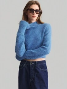 Ontre 棕色高领喇叭袖修身针织上衣 - 藍色 - 查看 4