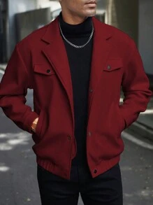 Manfinity Homme 男士纯色单排扣长袖口袋休闲大衣 - 酒紅色 - 查看 6