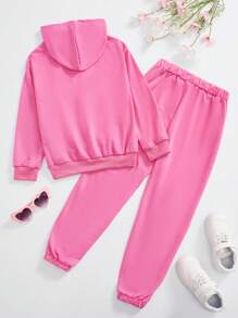 Bộ 2 chiếc áo hoodie in chữ tối giản cho bé gái tuổi mới lớn và quần dài - Màu Hồng Tươi - Xem 2