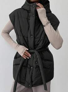 SHEIN Essnce Women's Winter Long Padded Coat Vest With Belt And Hood, Black - Coffee Brown - View 7