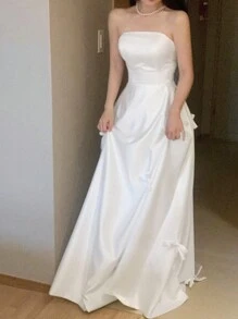 DAZY 女士蝴蝶结腰带长裙，露肩优雅太阳裙 - 白色 - 查看 6