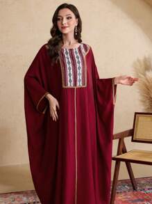 Al Najma Women's National Flower Patchwork Shoulder Sleeve Kaftan & Traditional Long Dress, Modest - Burgundy - View 8