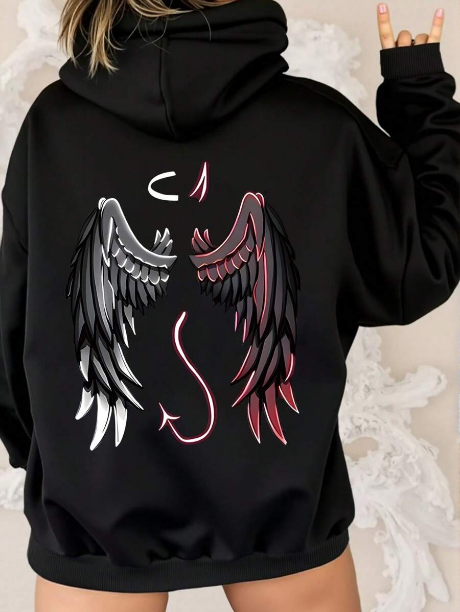 Flirla Plus Size Devil And Angel Wings Warm Chunky Women's Hooded Sweatshirt Graduation, Teachers For Women, Back To School Pullover Fall Winter Autumn - Black - View 1