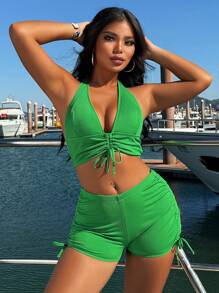SHEIN Swim Women's Solid Color Front Drawstring Halter Tied Casual Tank Top, Vacation Style Summer