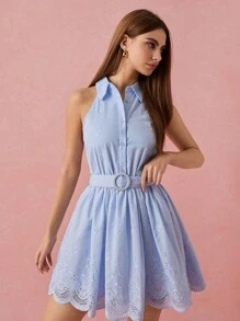 Enchnt Abito estivo/invernale romantico da donna, con ricamo floreale, senza maniche, colore azzurro pallido, con cintura. Elegante e dolce per San Valentino, vacanze, uscite romantiche e uso quotidiano.