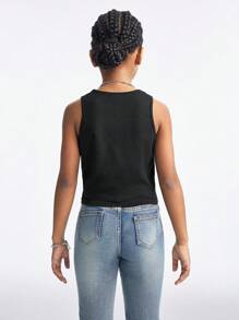 SHEIN Tween Girls Spring/Summer Music Festival Guitar & Letter Printed Cropped Tank Top - Black - View 2