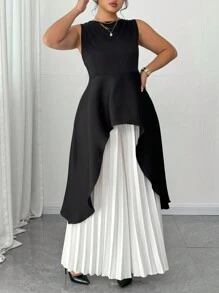 SHEIN Unity 2 Stücke Set in Große Größen: einfarbiges T-Shirt mit rundem Ausschnitt, ärmellos, asymmetrischer Saum und lange plissierte Hose, Büro- und Freizeitmode, Frühling/Sommer - Schwarz und Weiss - Übersicht 5