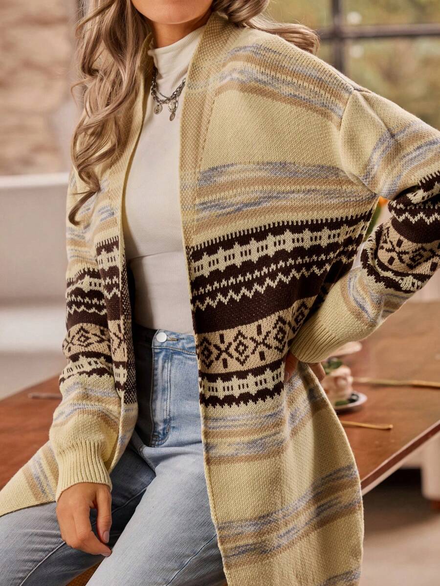 LanaWest Vintage Loose Knitted Cardigan, Oversized Long Sweater Jacket, Slouchy Elegant Style, Autumn/Winter Fall Cloth For Women - Multicolor - View 1