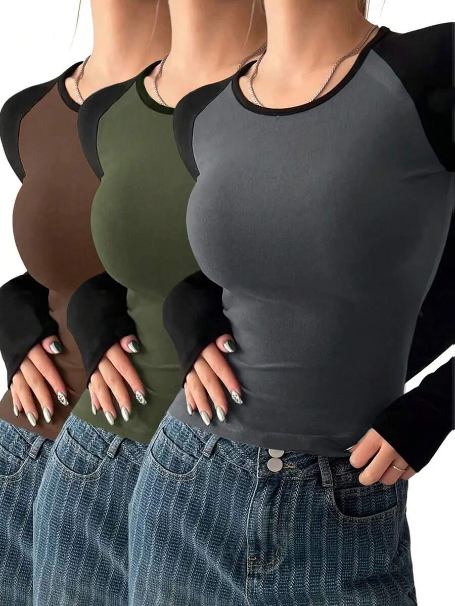 INAWLY 3pcs/Set Women Fashionable Color Block Long Sleeve T-Shirt Set