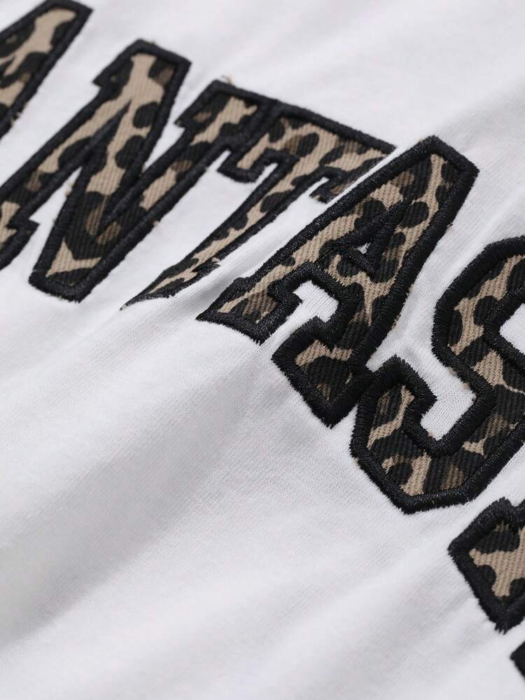 Women's Leopard Print Letter Embroidered Loose Short Sleeve T-Shirt Oversized T-Shirt,Graphic Tees