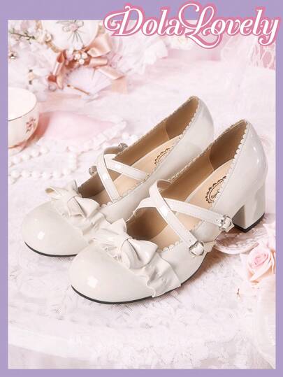 Dola Lovely Zapatos casuales de tacón bajo con puntera redonda y lazo inspirados en el ballet, de piel sintética (PU)