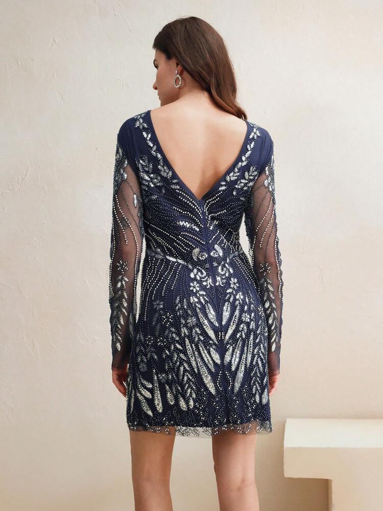 Women's Floral Sequin V-Neck Mesh Long Sleeve Short Dress