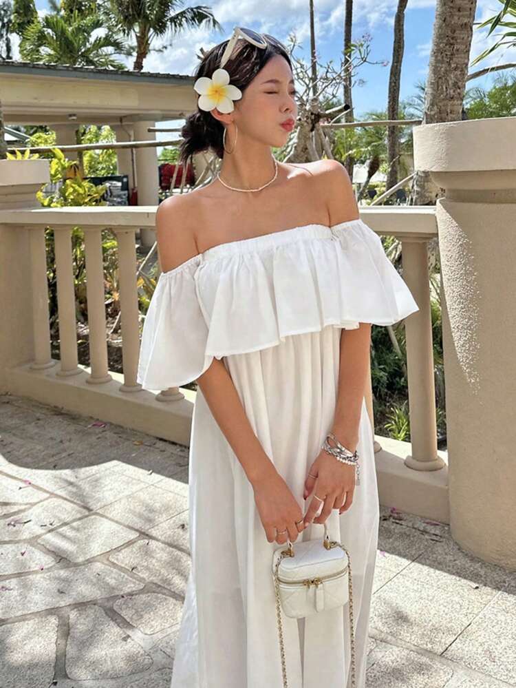 Women's Off Shoulder Ruffle Hem Dress, Loose Vacation Style,Milkmaid Dress,Casual Women Dresses