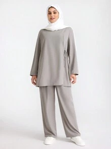 TaskEZ Conjunto de uniforme médico de talla grande de pantalón y blusa de manga larga con cuello redondo, bolsillos dobles y lazo lateral en unicolor. Conjunto de uniforme de trabajo para examen médico, peluquería de mascotas y nutricionista, de unicolor, de dos piezas, con múltiples bolsillos y ropa de trabajo resistente, en color gris.