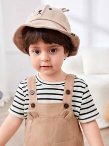 SHEIN Set de 2 piezas, camiseta de manga corta acanalada casual y versátil, y peto con orejas de animal de pana para bebé niño/niña, adecuado para primavera/verano