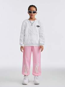 SHEIN Tween Girl Basic Knit Bow Thermal Lined Pink Baggy Cuffed Sweatpants , Mom And Daughter, Party / New Year Eve / Streetwear - Coral Pink - View 5