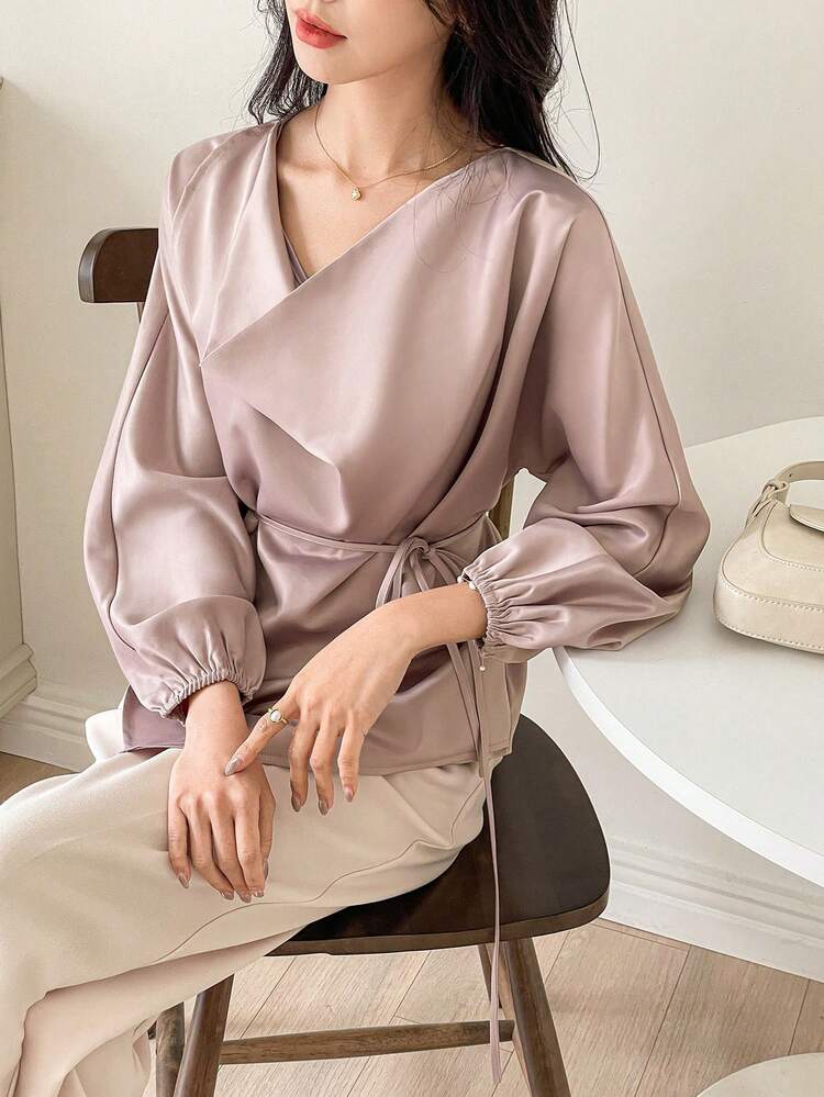 French Style Asymmetric Tie Neck Blouse Women T-Shirt Long Sleeve Women Tops,Fall Women Clothes