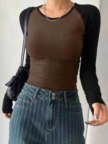 INAWLY 3pcs/Set Women Fashionable Color Block Long Sleeve T-Shirt Set