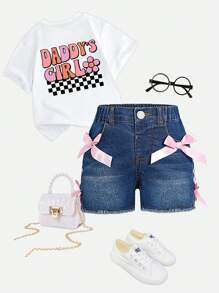 SHEIN Girls Young Girl Dark Wash Casual Loose Bowknot Eyelets Decor Stretchy Fitted Denim Shorts, Comfortable Daily Wear Minimalist & Versatile Design - Dark Wash - View 1