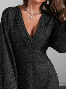 SHEIN Clasi 女士秋冬金色亮片 V 领蝙蝠袖短款派对连衣裙 - 黑色 - 查看 3