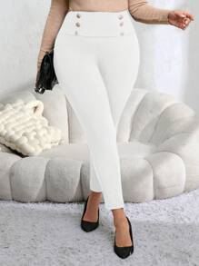 Miaspire Plus Size Double Breasted Elastic Skinny Pants,Fuzzy Leggings - White - View 5
