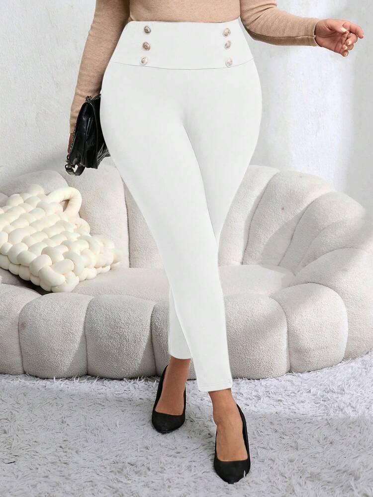 Plus Size Double Breasted Elastic Skinny Pants,Fuzzy Leggings