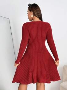 Franclia Plus Size Vrouwen Effen Kleur Ronde Hals Lange Mouw Geribbelde Korte Casual Jurk