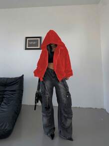 POPSWAY Plus Size Casual Solid Color Fleece Red Hoodie Fall Cloth For Women - Red - View 7