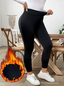 Calvaya Leggings con forro térmico negro de talla grande, estilo minimalista casual para uso diario en invierno