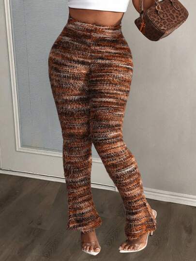 Slaydiva Casual Home Elastic Waist Textured Flare Leg Pants With Slit Hem