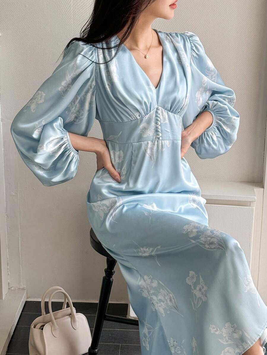 DAZY French Retro Exquisite Print V-Neck Gathered Waist Flare Sleeve Long Dress,Fall Dress