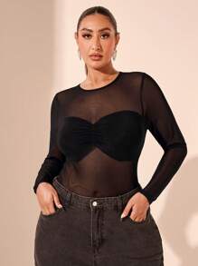 SHEIN BAE 加大码性感网眼透视紧身衣，优雅正式紧身衣，适合情人节、夏季、生日、各种场合、日常穿着、通勤 - 黑色 - 查看 4