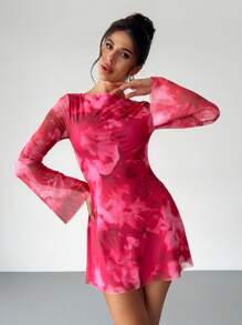 Firerie Váy ngắn thanh lịch gợi cảm cho nữ, cổ thuyền hoa màu đỏ, tay chuông, eo ôm dáng chữ A - Đỏ - Xem 6