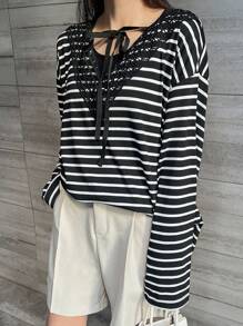 FRIFUL Women Loose Fit V-Neck Lace Patchwork Tie-Waist Striped T-Shirt Long Sleeve