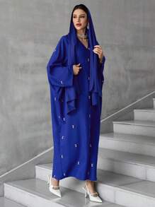 Al Najma 女士植物图案蝙蝠袖宽松长款优雅土耳其连衣裙，朴素的卡夫坦 - 藍色 - 查看 4