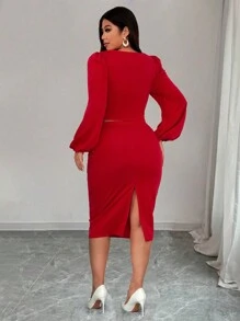 Celure 2pcs Women Plus Size Elegant Solid Color Rhinestone Decor Round Neck Puff Sleeve Christmas Party & Date Night T-Shirt With Mini Skirt Set For New Year Clothes
