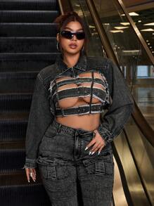 SHEIN EZwear 大码女式长袖索环扣设计镂空性感牛仔夹克 - 黑色 - 查看 5