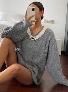 DAZY Women's V-Neck Cable Knit Lace Patchwork Warm Loose Pullover Casual Sweater Fall - Grey - View 2