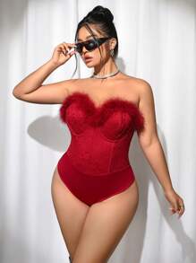 SHEIN ICON Plus Size Red Lace Fishbone Bodysuit, Furry Collar Sexy Angola Red Lace Bodysuit, Christmas, Valentine's Day - Red - View 3