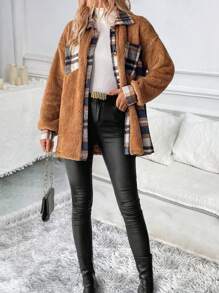 SHEIN LUNE Women's Plaid Print Pocket Teddy Bear Design Button Closure Long Sleeve Jacket - Brown - View 3