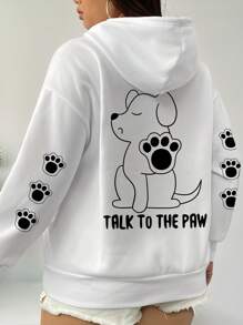 SHEIN LUNE Áo nỉ có mũ trùm đầu rút dây họa tiết Dog&Dog Claw TALK TO THE PAW cỡ lớn cho nữ - trắng - Xem 1