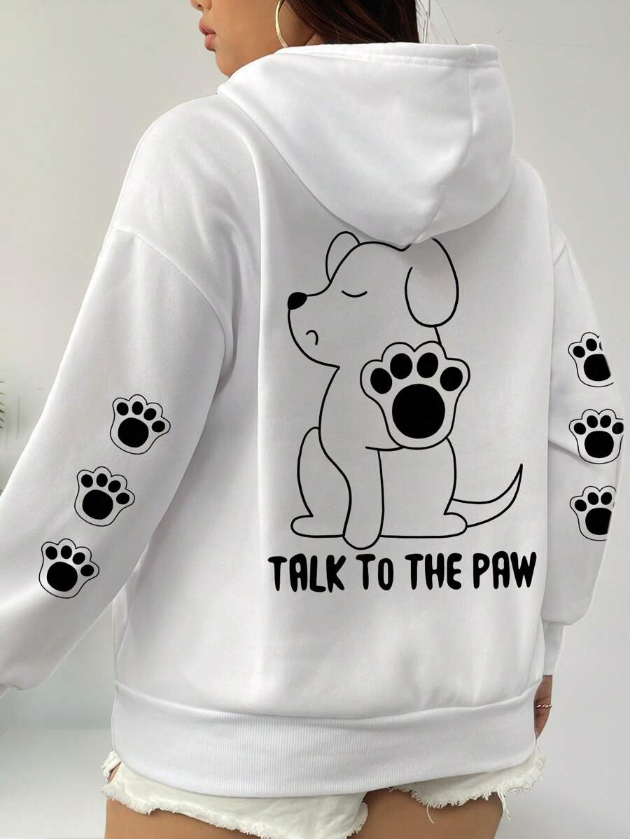 SHEIN LUNE Áo nỉ có mũ trùm đầu rút dây họa tiết Dog&Dog Claw TALK TO THE PAW cỡ lớn cho nữ - trắng - Xem 1